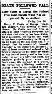 Newspaper Auburn NY Semi-Weekly Journal Tue 24 Jan 1911 Henry Curtis dies after fall