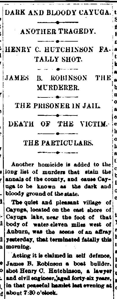 Newspaper Auburn NY Evening Auburnian 1878 - 0690 Killing of Henry C Hutchinson Dark and Bloody Cayuga