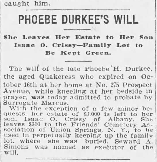 Buffalo Times NY 1 Nov 1898 p 4 Will of Phoebe Durkee